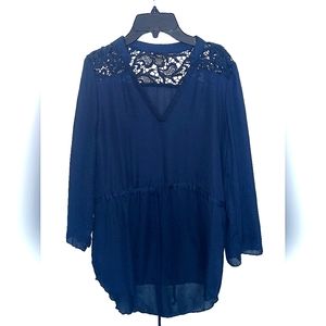 Sheer Three Quarter Sleeve Navy Blue Top With Lace & Waist Detail.